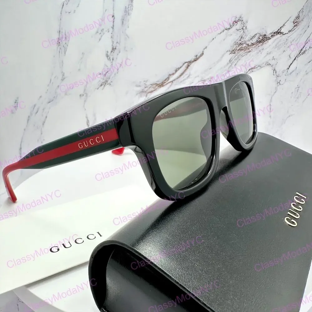 New GUCCI Sunglasses Mens 52mm Black Square Rectangle Aviator Red Green Web Arm